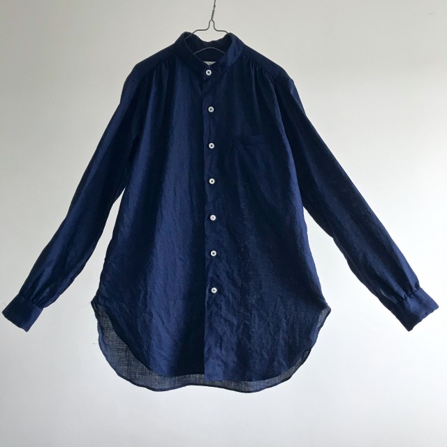 Indigo Dyed French Linen Stand collar Stitch-out Shirt