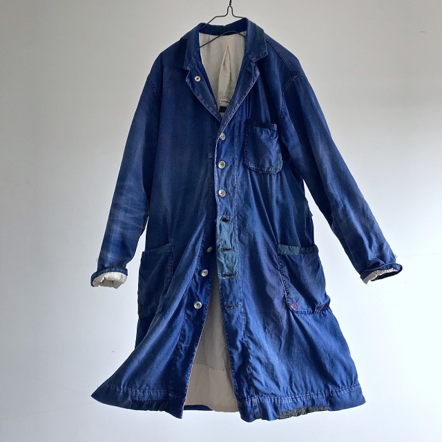 Vintage Indigo Dyed Cotton/Linen Twill French Duster Coat