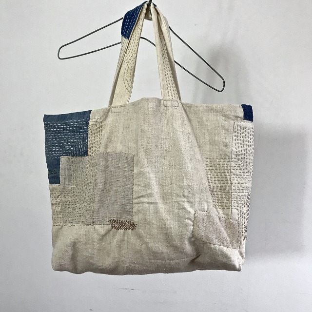 Old  French Hemp and Linen Patch & Darned Tote Bag