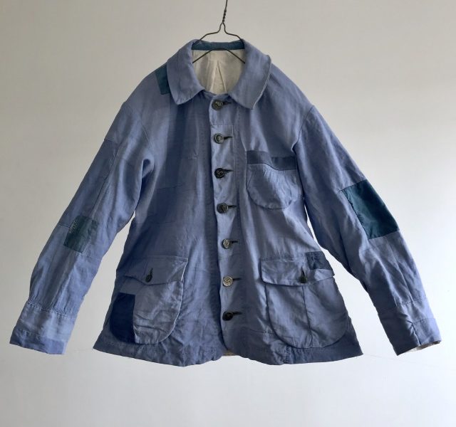 Vintage Over Dyed Woad Indigo Linen  Patched French Work Jacket