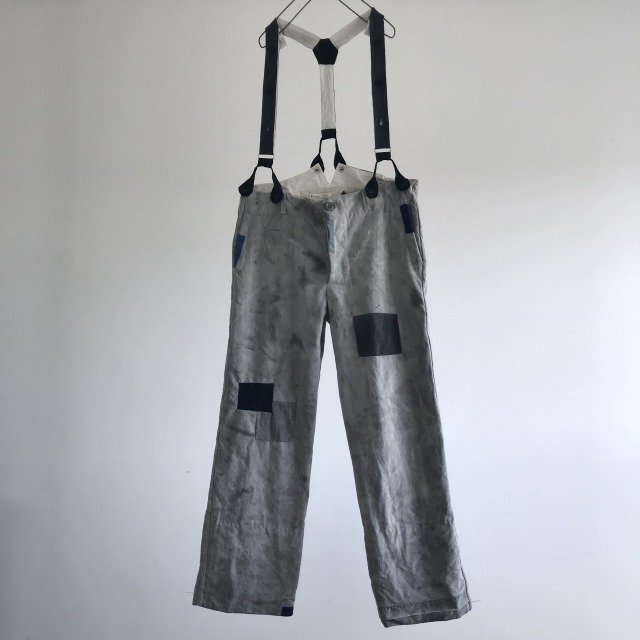 Antique India Ink Dyed French Linen Work Pants with Suspenders
