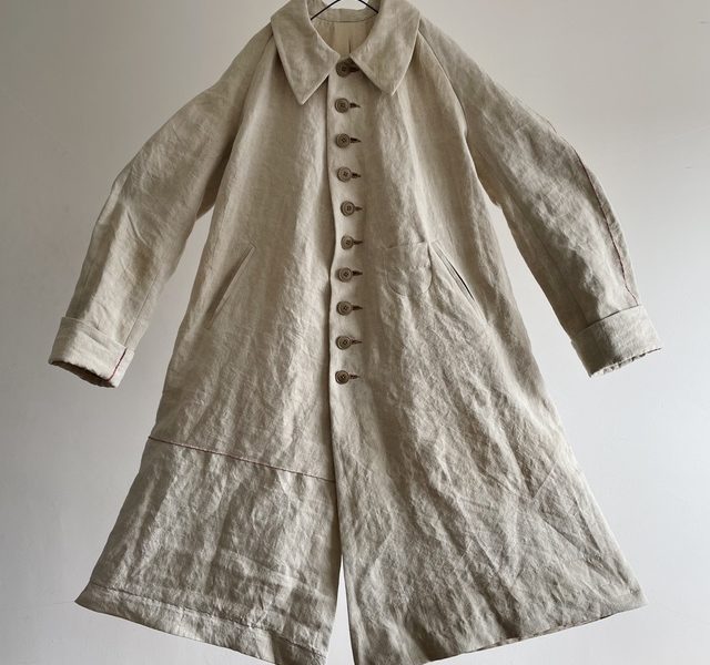 19th Century Antique French  Rustic  Linen Fabric Made Stitch Raglan-sleeve Coat
