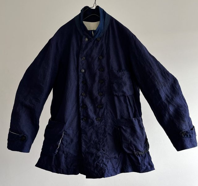 Indigo Dyed French Linen Fabric Made Double Breasted Work Jacket
