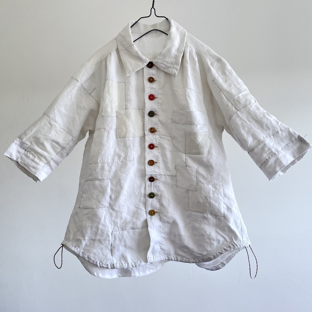 Antique linen  and herdmans spun linen inlaid hand patches shirt jacket