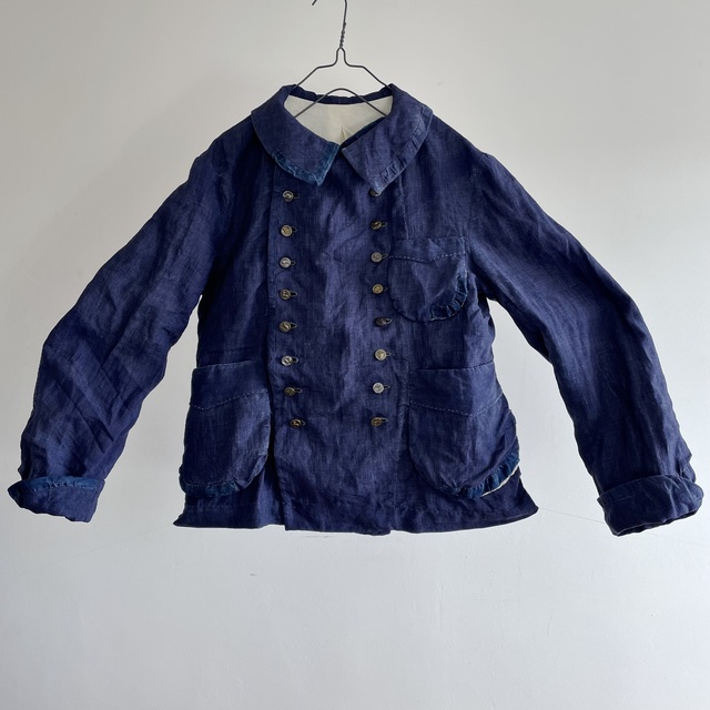 Indigo Dyed Pure French Linen Fabric Made Double Breasted Work Jacket