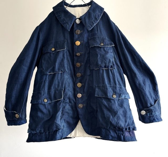 Hand Woven French Rustic Indigo Dyed Linen Fabric Made Hunting Jacket