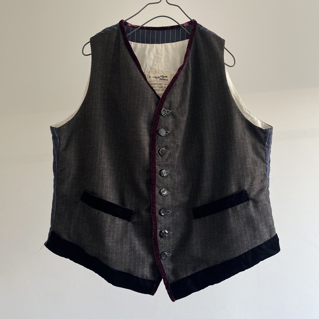 Herringbone Stripe Fabric Made Gilet with  Velvet Ribbon