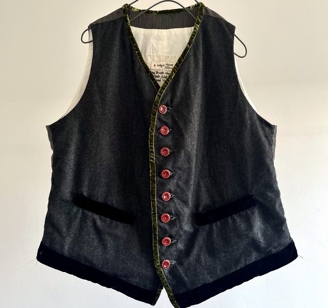 Vintage  Wool Herringbone Fabric Made Gilet with  Velvet Ribbon