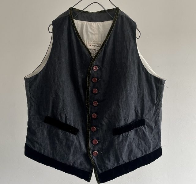 India-Ink Dyed Linen Cord Stripe Fabric Made Gilet with Hand Trimmed Velvet Ribbon