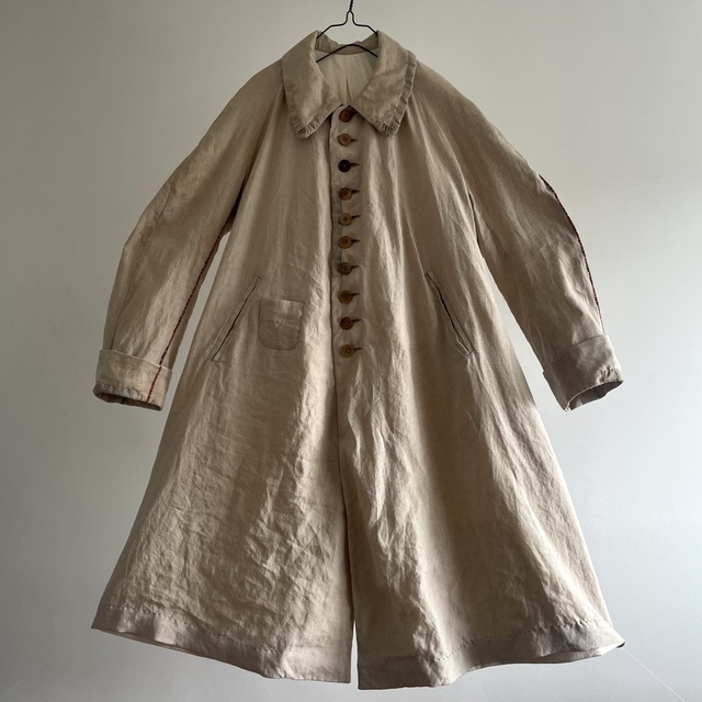 Old Ecru Linen Fabric Made Over Seam Stitch Raglan-sleeve Coat
